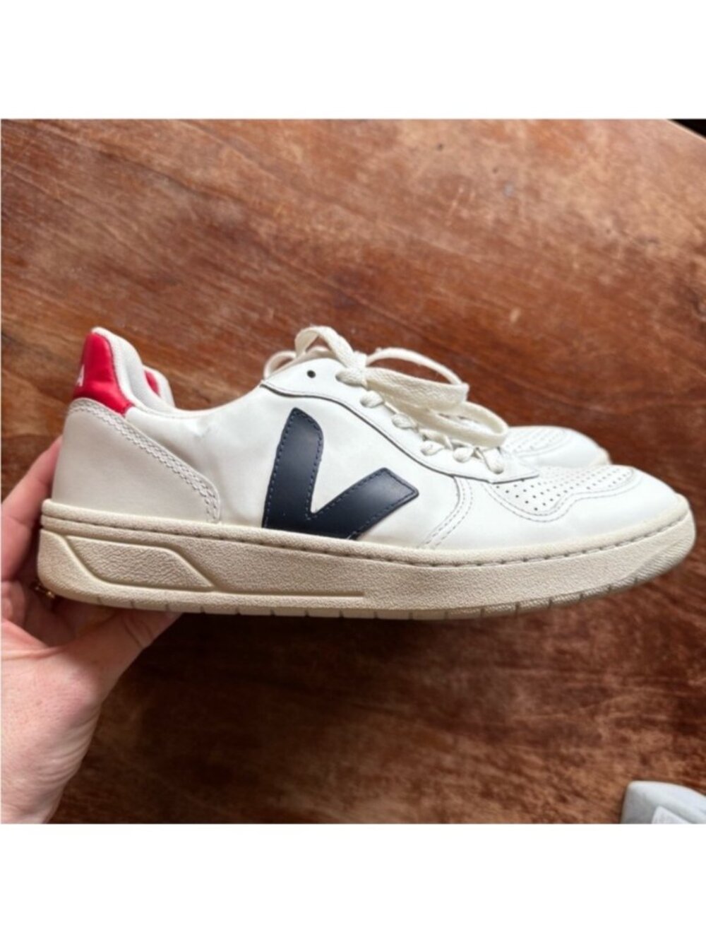 Veja White Sneakers with Navy V and Red  Heel Tab - Picture 5 of 12